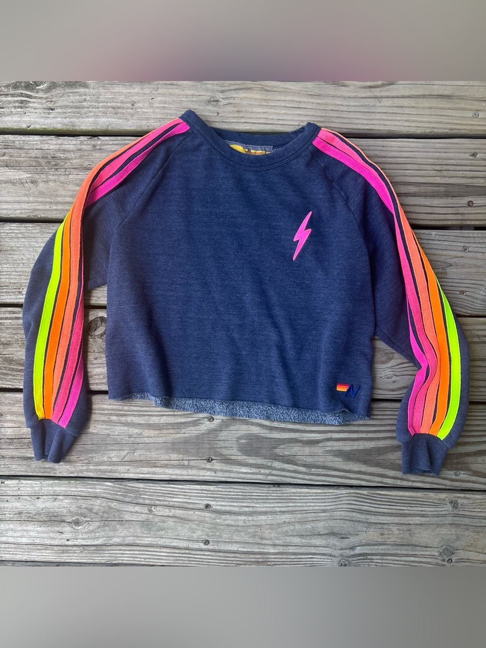 Aviator Nation Cropped Sweatshirt with Neon Striped Sleeves